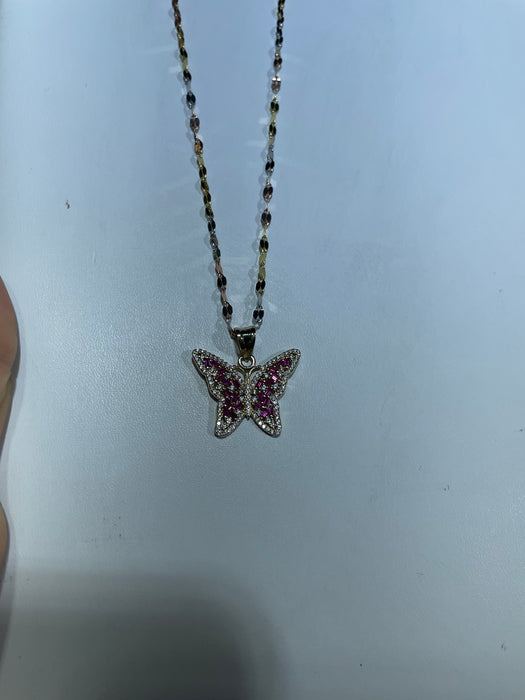 Butterfly Pendant w/ Tres Oros Chain 14k Real Gold