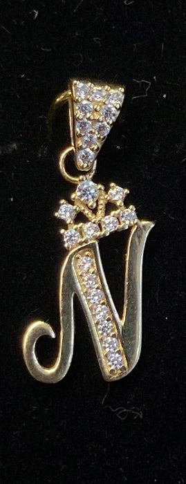 “N” Letter Pendant in 14k Gold w/ Crown