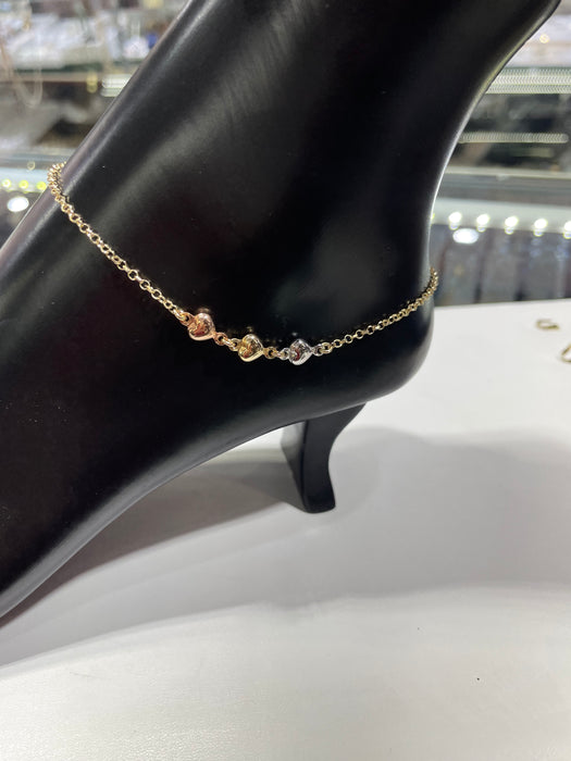 “Tres Oros” Heart Anklet 14k Real Gold