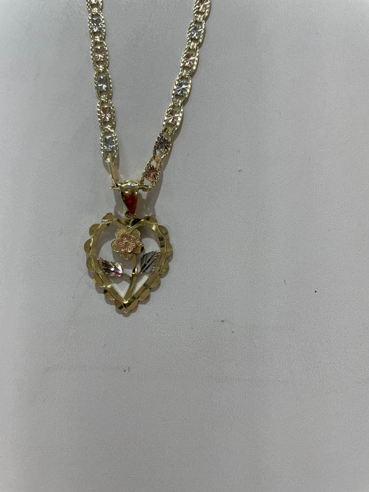 Rose Heart Pendant w/ “Tres Oros” & Valentine Chain